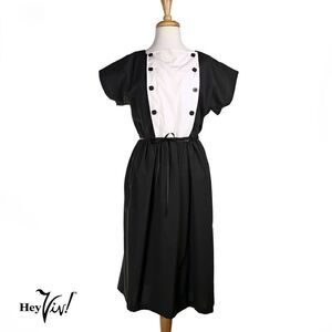 Vintage 70s Murray Meisner Black Dress w White Front Elastic Waist Sz L -Hey Viv